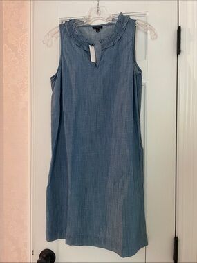 Talbots Light Blue Chambray Sleeveless Ruffle-Neck Shift Dress